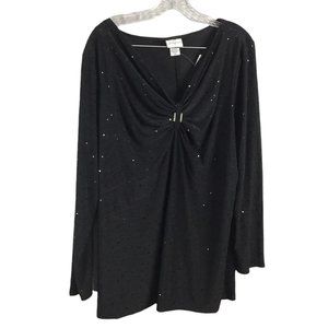 Women's Top Black V-Neck Ruched Sequins Top 2X